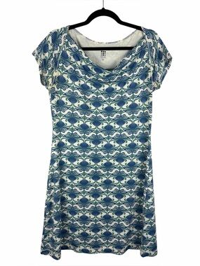 Title Nine Athletic Dress Blue Teal Shell Print Cowl Neck Stretch Medium